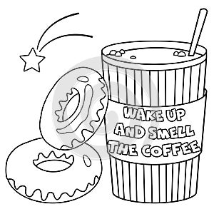 Coloring page with plastic cup of coffee with donuts.