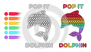 Coloring Page. Pop It Toy Dolphin for Children. Template. Before After. Print. Rainbow Color. Black White color. Contour Style.