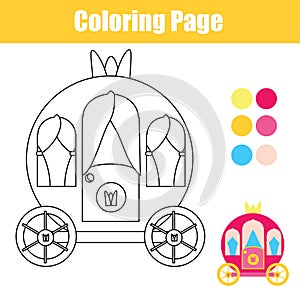 Coloring page with princess carriage. Drawing kids game. Printable activity