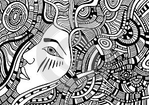 Coloring page with psychedelic fantasy face girl with wave ornamental hair cyberpunk style