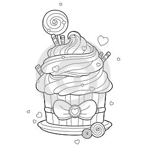 Coloring page of a romantic cupcake