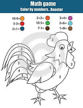 Colorazione pagina gallo. colore secondo numeri matematica educativo lui gioca una lettera 