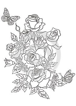 Coloring page with roses and butterflies. Vector graphics