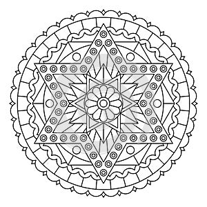 Coloring page with round mandala with abstract pattern and six-pointed star. Vector drawing