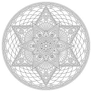 Coloring page with round mandala with six-pointed star. Vector print