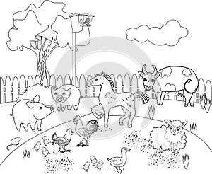 Coloring page. Rural landscape with different farm animals