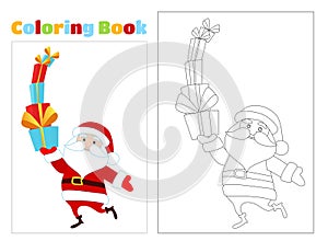 Coloring page. Santa Claus brings many gifts. Santa is cheerful and funny and the boxes are about to fall.