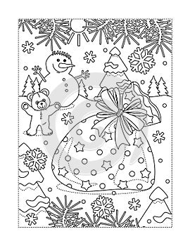 Coloring page with Santa`s sack full of presents photo