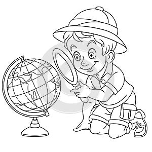 Coloring page with schoolboy and world globe