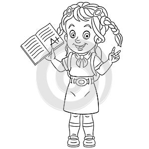 Coloring page with schoolgirl with best exam result