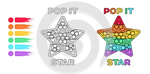 Coloring Page Sea Rainbow Star Pop it Popular Toy for Little Children. Drawing Lesson for Kids Baby. Black and Bright Color.