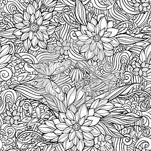 Coloring page with seamless pattern of flowers, butterflies and