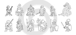 Coloring page set of cartoon medieval knights prepering for Knight Tournament