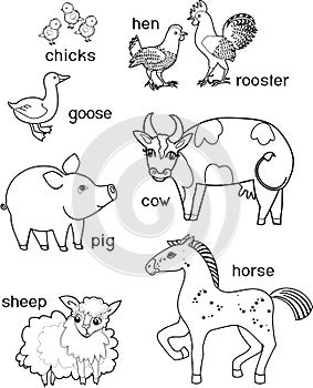 Coloring page. Set of different cute cartoon farm animals with titles on white background