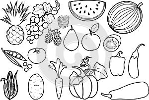 Coloring page. Set of different fruits and vegetables