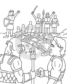 coloring page of several war soldiers celebrating victory over their enemies