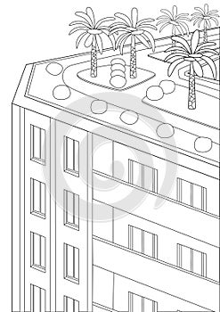 Coloring page with a skyscraper and city landscaping as a coloring, colorless outline or linear vector stock illustration with a