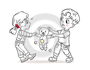 Coloring page with small bits of a color  of a boy ad girl fight for a toy bear