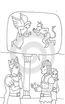 coloring page of a squire talking to the king while being looked at by a woman