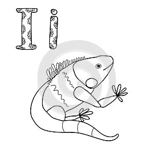 Coloring page for study letter I, outline illustration  of iguana and volumetric letters with patterns