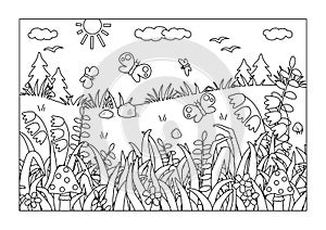 Coloring page. Summer outdoor nature scene with butterflies, grass, wildflowers.