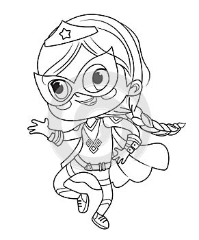 Coloring Page of Super Hero Children. Boys and Girls wearing costumes of superheroes Coloring book. Cartoon vector