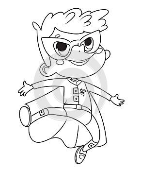 Coloring Page of Super Hero Children. Boys and Girls wearing costumes of superheroes Coloring book. Cartoon vector