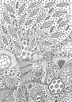 Coloring page with surreal landscape