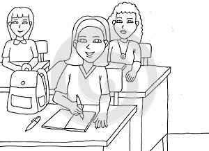 coloring page three teenagers are studying in class