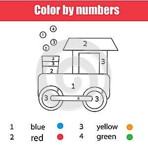 Coloring page with toy train. Color by numbers, printable worksheet. Educational game for children, toddlers and kids