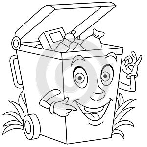 Coloring page with trash can