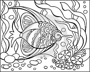 Coloring Page tropical fishe and coral reef. Ocean bottom with sea inhabitants and seaweed. Antistress freehand sketch