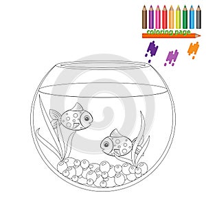 Coloring page. Two fishes in the round aquarium