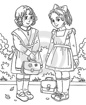 Coloring page with two little school girls