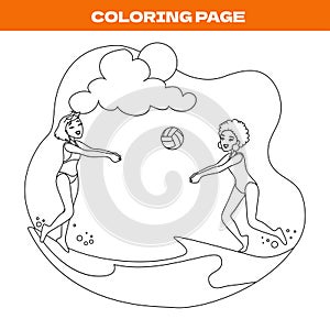 Coloring page of two women playing beach volleyball.