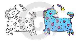 Coloring page with unicorn in hearts