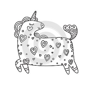 Coloring page with unicorn in hearts