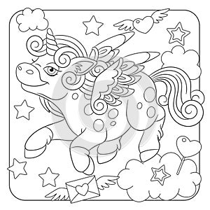 Coloring page with unicorn and hearts