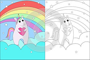 Coloring page unicorn magic love Cute cartoon with stars and hearts, simple vector illustration