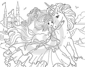 Coloring page The Unicorn and Princess