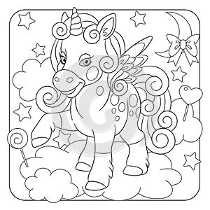 Coloring page with unicorn and stars