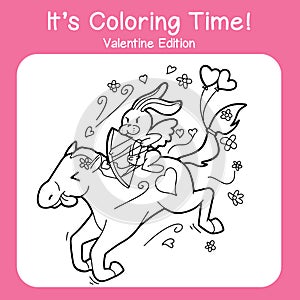 Coloring page for valentine\'s day. Cute cupid rabbit riding a horse and shooting a love bow.