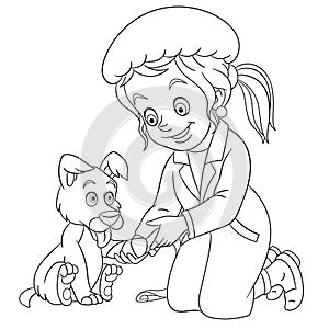Coloring page with vet veterinarian girl and dog