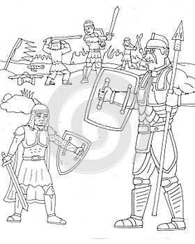 coloring page of a warrior sad when his army is about to be defeated by an army of giants