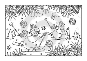 Coloring page. Winter sports. Snowmen skiing.