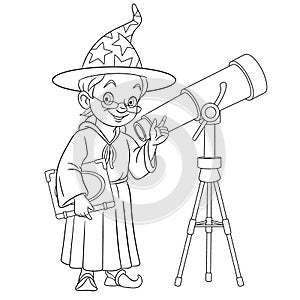 Coloring page with wizard or astronomer with telescope photo