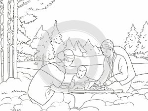 A Coloring Page Of A Woman And A Baby - a drawing of Japanese familly on holiday smilin