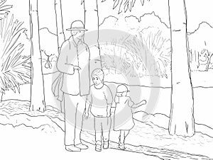 A Coloring Page Of A Woman And Two Children - a drawing of Japanese familly on holiday smilin