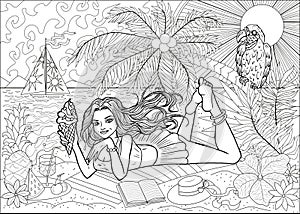 Coloring page with young beautiful woman with book and cocktail drink