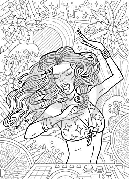 Coloring page with young beautiful woman singing with feelings on party